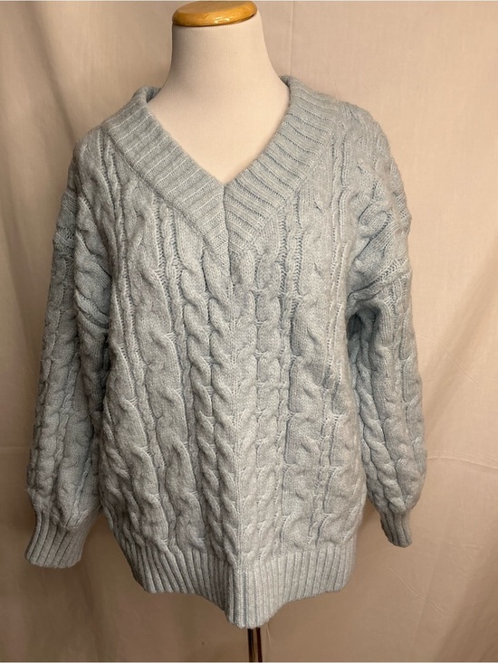 Lush Sweaters - 2193 - Lush Pale Blue Cable Knit V-Neck Sweater